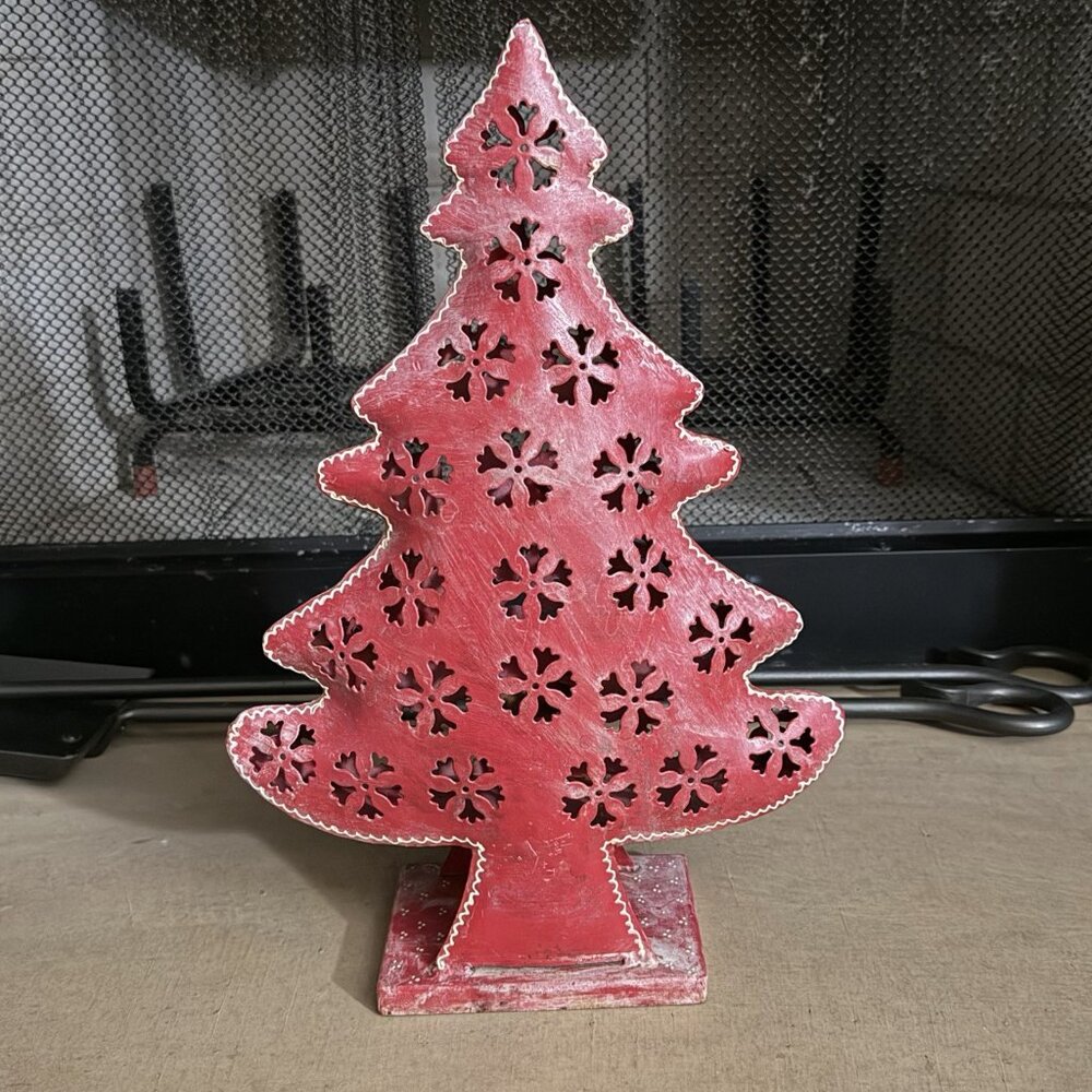 Festive Red Layered Cut Out Metal Christmas Tree Figure Candle Light Decor
